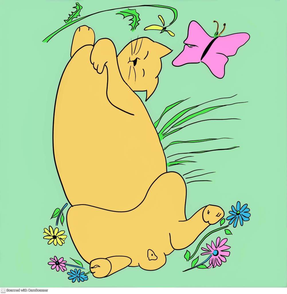 Stubbytail the cat, lying asleep on his back in field of flowers, butterfly overheard