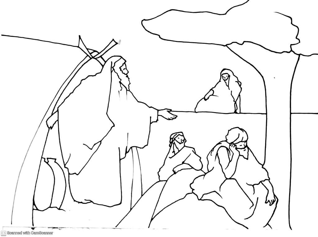 Black and white 0ld Testament Biblical Illustrations Book of Genesis, Abraham hosts three Angels