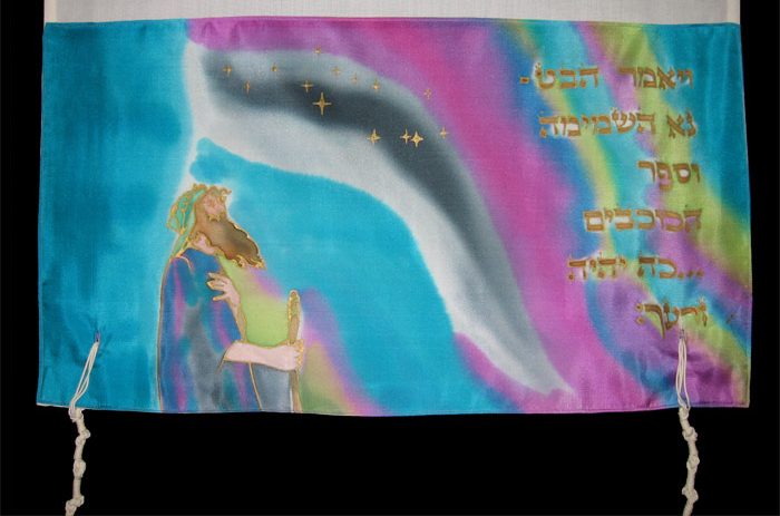 Side band prayer shawl silk painted blue wine theme Abraham and family travel to Canaan Hebrew text  tzitziot (ties)